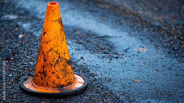 Fototapeta Worn orange traffic cone on wet asphalt, moody scene with reflective puddle