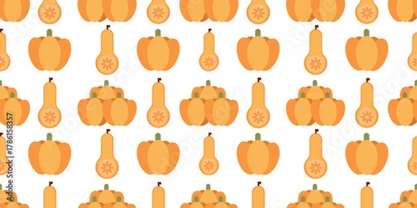 Fototapeta Seamless fall pattern featuring bright orange pumpkins of different shapes and sizes. Perfect for fabric, packaging, and Thanksgiving decor.