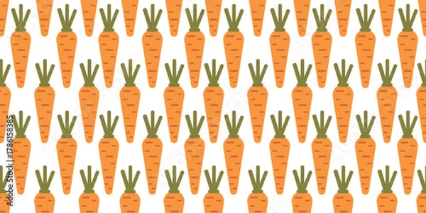 Fototapeta Seamless pattern showing orange carrots with green tops. Ideal for textile, packaging, wrapping, and fall harvest designs.