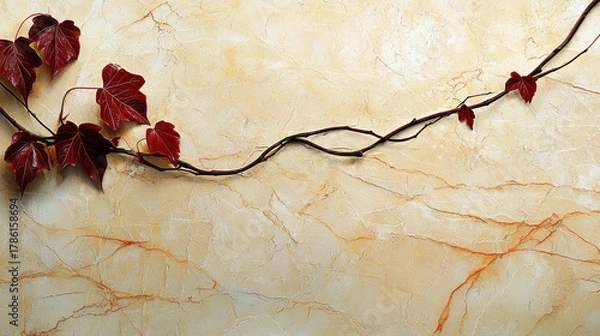 Fototapeta Red ivy vine on textured beige wall with elegant autumn mood