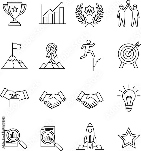 Obraz Collection of business and success related icons including trophy, charts, handshake, target, rocket, and lightbulb illustrations