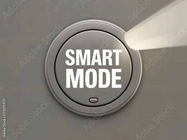 Fototapeta A circular button labeled "SMART MODE" illuminated by a light beam, set against a simple tiled background.