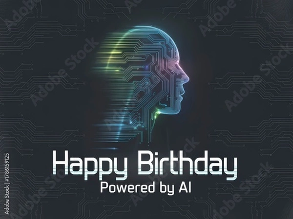 Fototapeta A colorful, AI-themed birthday greeting featuring a digital profile and circuit patterns, celebrating innovation and technology.