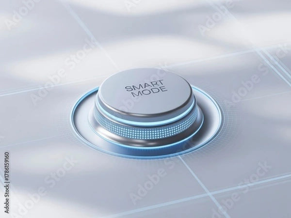 Fototapeta A sleek, modern button with "SMART MODE" inscribed, illuminated by a blue glow, set against a minimalist background, suggesting advanced technology.