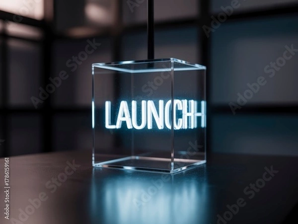 Fototapeta A glowing cube lamp with the word "LAUNCH" illuminated in neon, set against a dark background.