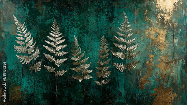 Fototapeta Teal distressed background with metallic fern leaves, elegant botanical wall art, serene