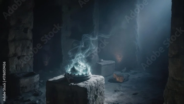 Fototapeta Mysterious blue fire burning in an ancient stone forge with smoke rising.