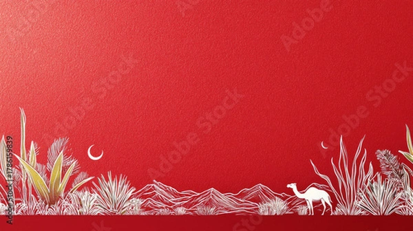 Fototapeta Desert landscape with hand drawn plants moon and camel on red background