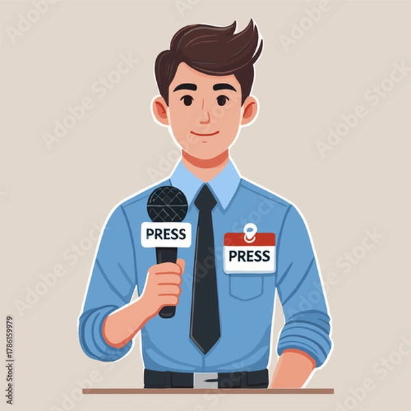 Fototapeta Flat illustration of a young journalist holding a microphone during a press conference