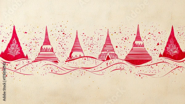 Fototapeta Red temple silhouettes with decorative waves and splatter art, festive and serene