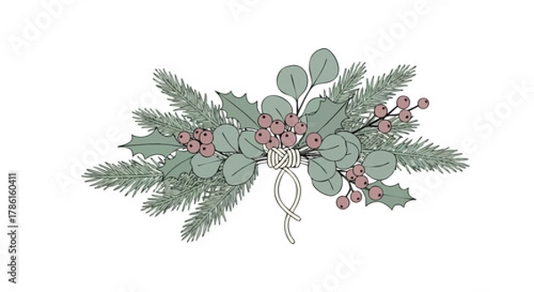 Obraz An elegant illustration of a festive Christmas arrangement featuring evergreen branches, berries, and eucalyptus leaves, perfect for holiday designs.