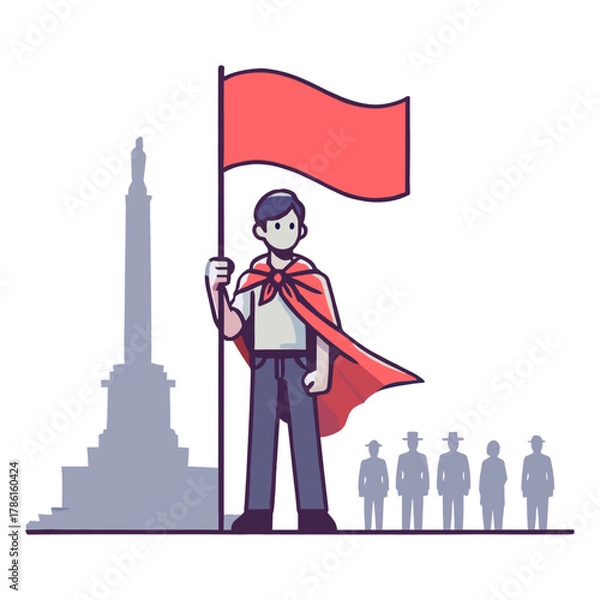 Fototapeta Flat Illustration of Man Holding Red Flag with Obelisk and People Silhouettes