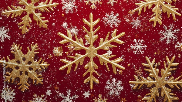 Fototapeta Golden snowflake ornament glitter holiday sparkle on red festive background