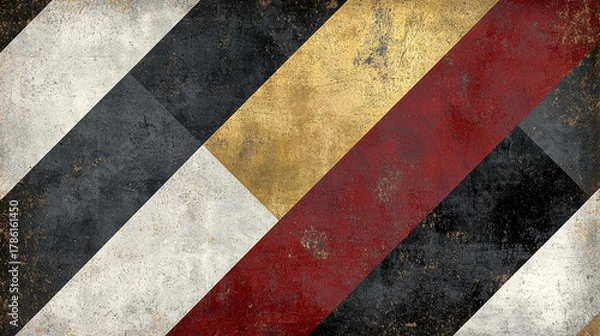 Fototapeta Worn diagonal geometric pattern with red gold black and white stripes, gritty texture, moody