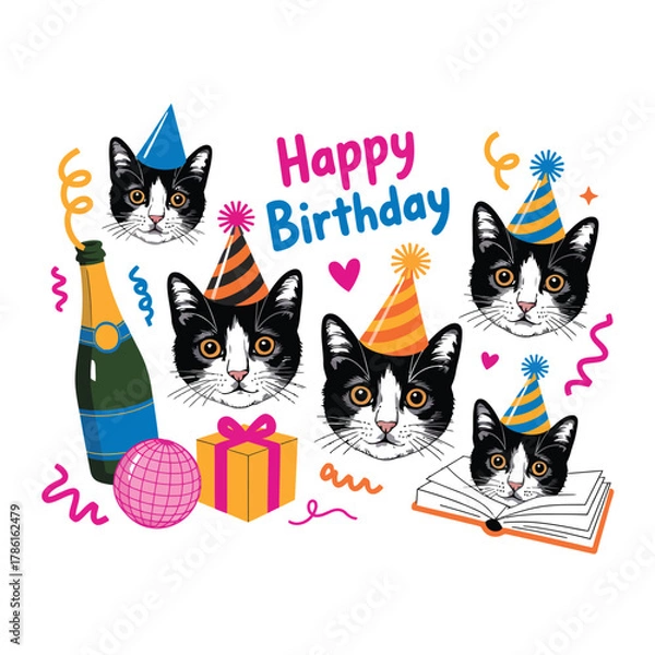 Fototapeta Happy birthday halftone art collage set with funny stickers, vintage dotted texture, doodles, cats in party hats, champagne, cake, and cheers — modern retro mixed media vector illustration.