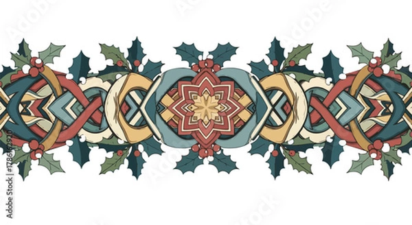 Fototapeta A festive, symmetrical illustration features intricate, colorful geometric patterns with holly accents, creating a decorative holiday border design.
