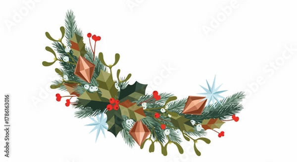 Fototapeta A festive illustration depicts a Christmas wreath with vibrant green foliage, red berries, and sparkling decorative accents, perfect for holiday designs.