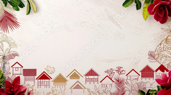 Fototapeta Tropical village houses with floral frame and serene neutral background