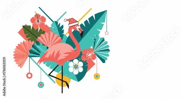 Fototapeta A festive illustration depicts a flamingo adorned in a Santa hat, surrounded by tropical foliage, creating a unique holiday design.