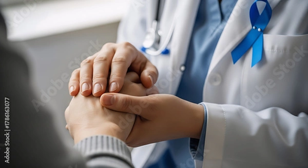 Fototapeta Compassionate doctor holds patient's hand, offering comfort and hope with a blue awareness ribbon displayed