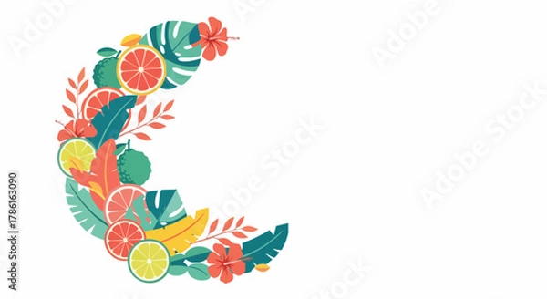 Fototapeta A vibrant, colorful illustration showcasing a crescent moon shape created with tropical fruits, leaves, and flowers, perfect for summer designs.