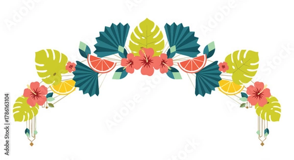 Fototapeta A vibrant tropical illustration features lush green monstera leaves, delicate hibiscus flowers, and refreshing citrus fruits, perfect for summer designs.