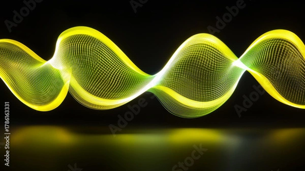 Fototapeta Yellow light wave ribbon flowing across dark background with glowing motion