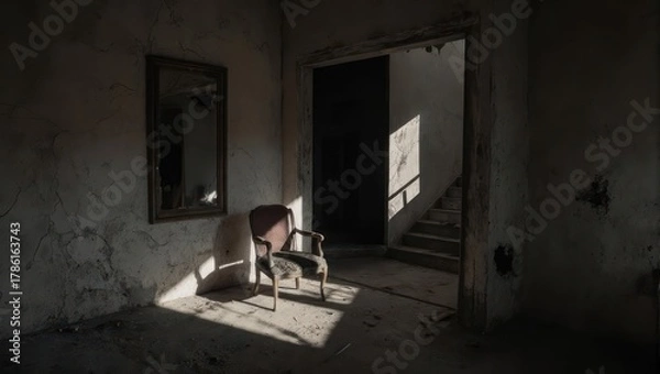 Obraz Sunlit Chair in Abandoned Room - A Study in Decay and Light.