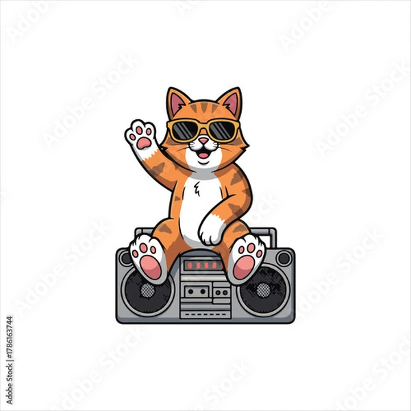 Obraz Cool Orange Tabby Cat Mascot in Sunglasses Listening to Music with vector illustration on white background  