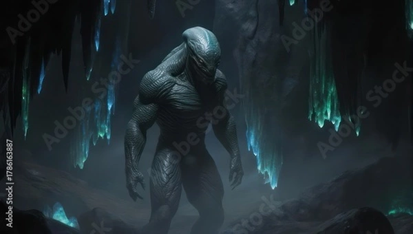 Fototapeta Futuristic Soldier in a Crystal Cave - A Sci-Fi Scene.