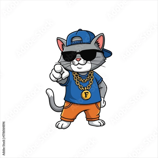 Fototapeta Rapper Cat in Blue T-shirt and Snapback Cap Full Body Vector cartoon pirate with a sword  with vector illustration on white background  