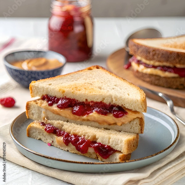Fototapeta A close up of a peanut butter and jelly sandwich cut in half and stacked on a blue plate indoors