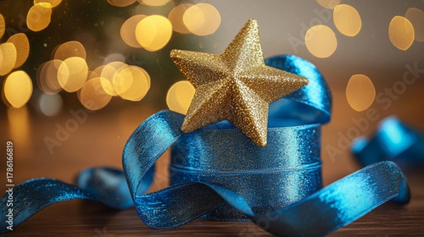 Fototapeta Gold star ornament blue ribbon with warm bokeh lights, festive holiday glow and elegant
