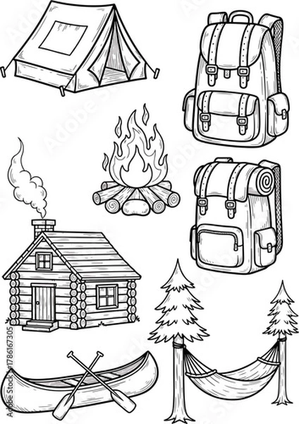 Obraz Collection of Camping and Outdoor Recreation Elements Including Tent, Cabin, Campfire, Backpacks, Canoe, Hammock and Trees