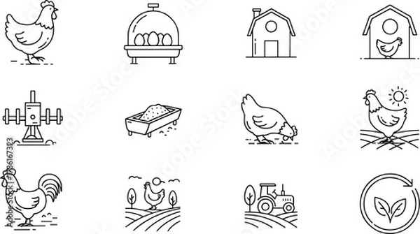 Obraz Collection of Chicken Farming Icons Showing Rooster, Hen, Barn, Incubator, Tractor, and Crops for Agriculture