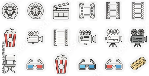Obraz Collection of cinema and movie icons film reels clapboard popcorn 3D glasses director chair and ticket