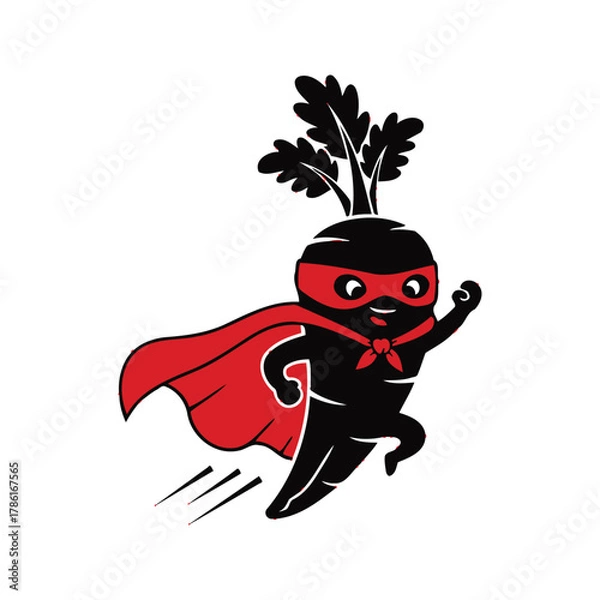 Fototapeta Cute cartoon radish character dressed as a superhero flying with a red cape and mask