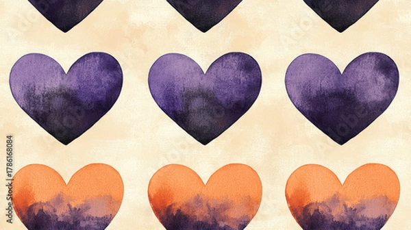 Fototapeta Watercolor purple and orange heart pattern on beige background, whimsical romantic texture