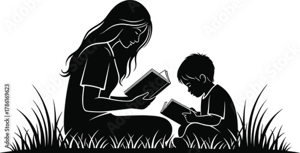 Fototapeta Cad drawing flat vector illustration, reading together silhouette, adult and child on grass, peaceful learning moment, nature setting, storytelling bonding concept