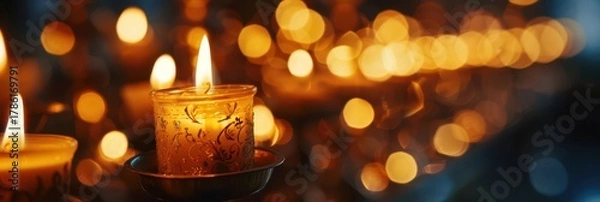 Fototapeta Warm glow of candlelight for orthodox christmas celebration. Horizontal banner. Copy space. Free space for text. Burning candles in Orthodox churh