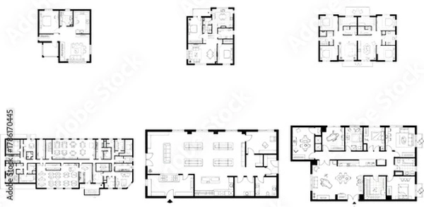 Fototapeta Set of varied floor plans including small and large units