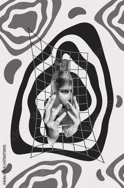 Fototapeta Collage in surrealism style with a woman hugging vase with water	