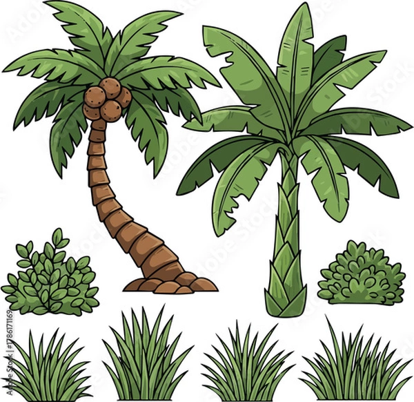 Fototapeta palm trees. Tropical cartoon palm and banana trees with grass, rocks, and sand islands. Exotic summer landscape elements for vacation, travel, nature scenes. Flat colorful vector set.