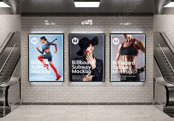 Fototapeta Three Billboards on Clean Underground Wall Mockup
