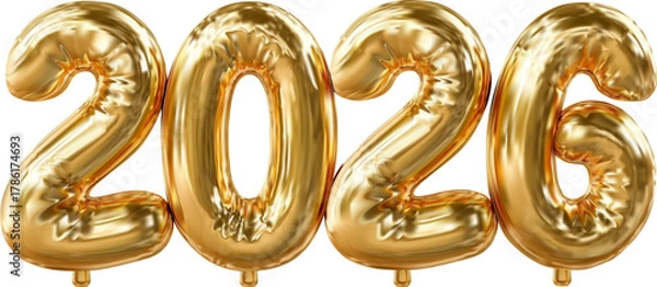 Fototapeta Golden foil balloons shaped as numbers 2026 isolated on white background, decoration for New Year, anniversary and festive design. Vector illustration