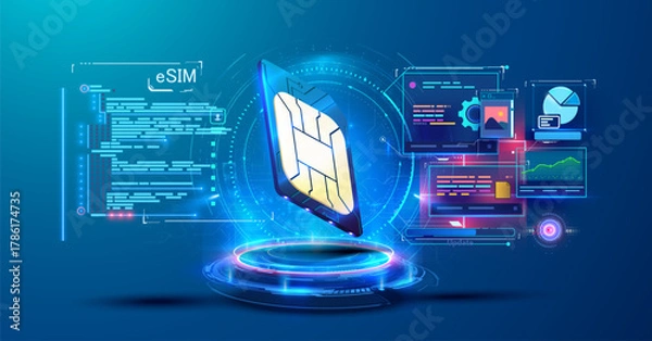 Fototapeta eSIM technology concept featuring a 3D SIM chip with holographic dashboards, 5G mobile network, activation, provisioning and security. Holographic eSIM platform for secure provisioning and mobile data