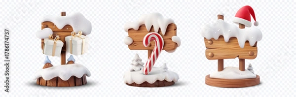 Fototapeta Set of 3D snowy wooden Christmas signs with gifts, candy cane and Santa hat, blank boards isolated on transparent background