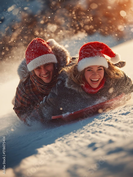 Obraz Playful couple sledding down snowy hill, both wearing red Santa hats, laughing with joy, winter landscape background, action shot, snowflakes in air, golden hour light, dynamic composition