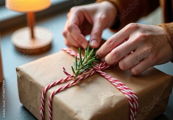 Fototapeta Macro shot of hands tying a fresh rosemary sprig onto a kraft paper gift with red and white twine under warm lamp glow.