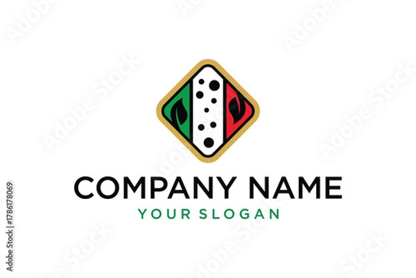 Fototapeta Italian Food Logo Design with Green White Red Flag Colors, Stylized Leaves, Dots, and Golden Diamond Border